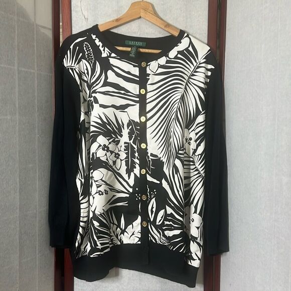 LAUREN RALPH LAUREN CASHMERE NWOT SILK TROPICAL PRINT FRONT SWEATER SIZE‎ 3X - Picture 1 of 7